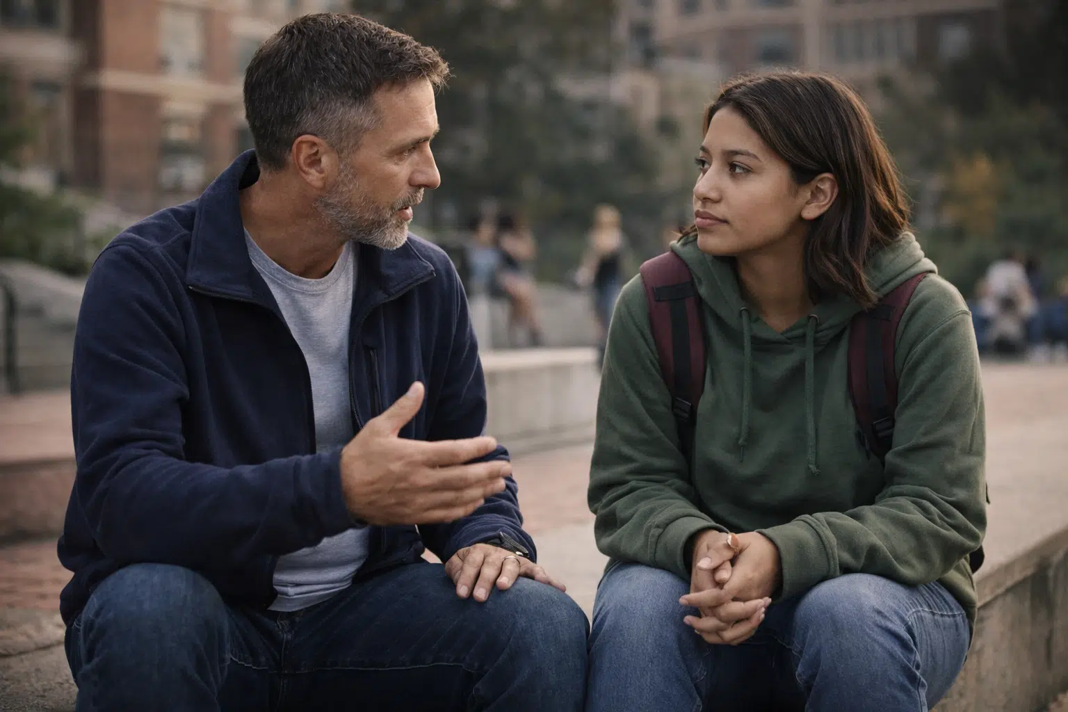 A father sitting outdoors on a campus wall, talking earnestly with his college-age daughter